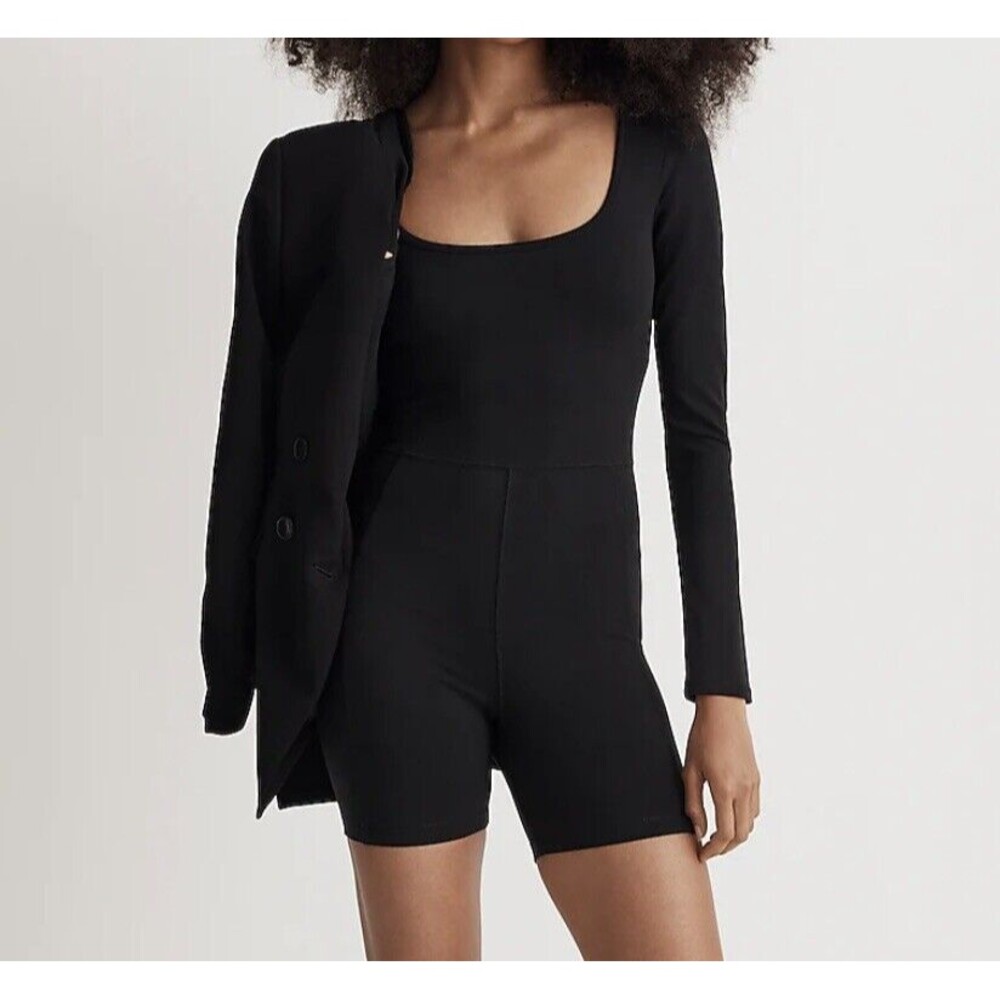 MADEWELL Knit Long-Sleeve Biker Shorts Long Sleeve Black Unitard‎ XXS NWT